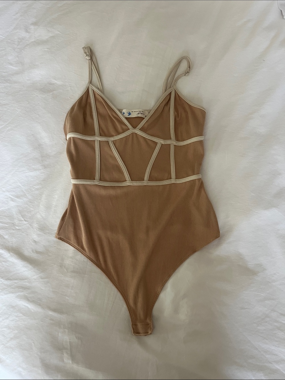 Women’s Nude Ribbed Bodysuit with Contrast Trim